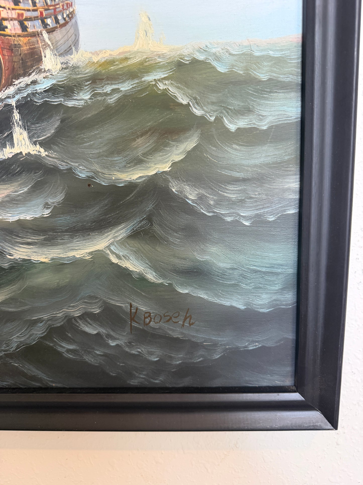 Large Maritime Naval Battle Oil Painting Signed K. Bosen Sailing Ships Seascape