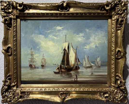 Antique Dutch School Oil Painting on Board, Seascape, Signed, Gold Frame