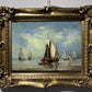 Antique Dutch School Oil Painting on Board, Seascape, Signed, Gold Frame