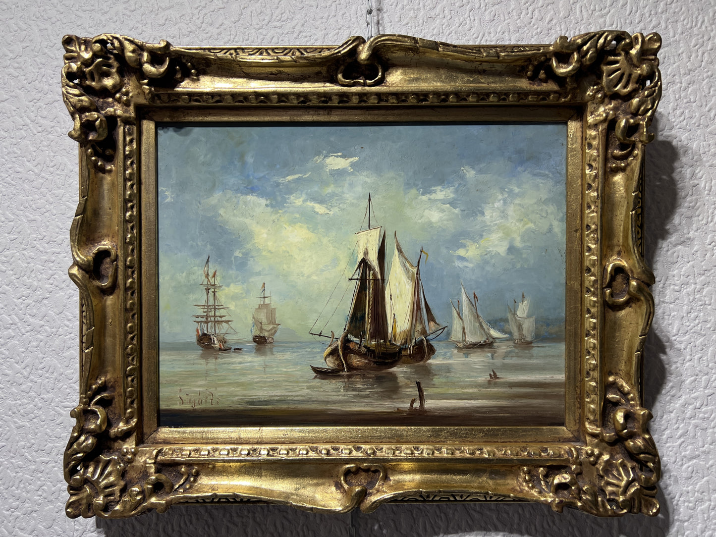 Antique Dutch School Oil Painting on Board, Seascape, Signed, Gold Frame