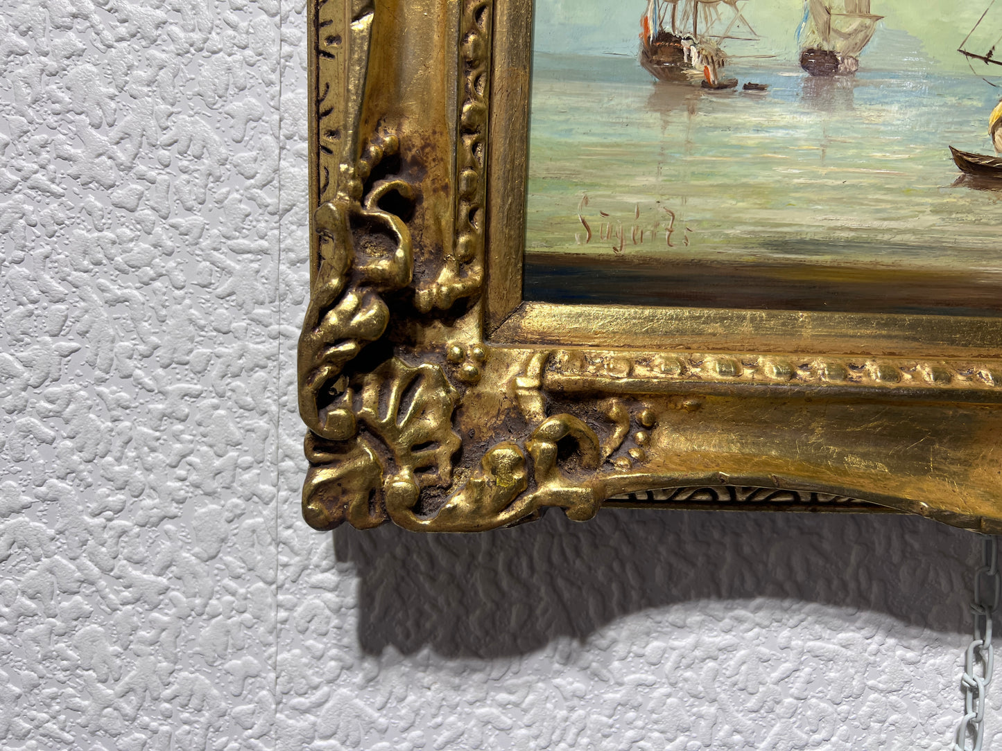 Antique Dutch School Oil Painting on Board, Seascape, Signed, Gold Frame