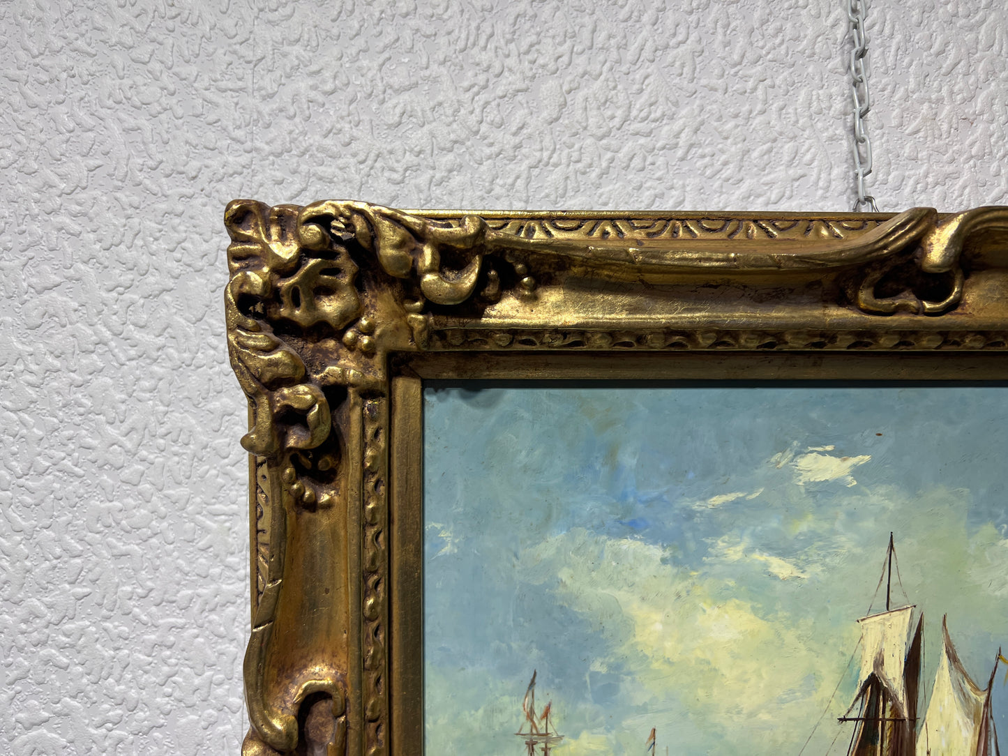 Antique Dutch School Oil Painting on Board, Seascape, Signed, Gold Frame