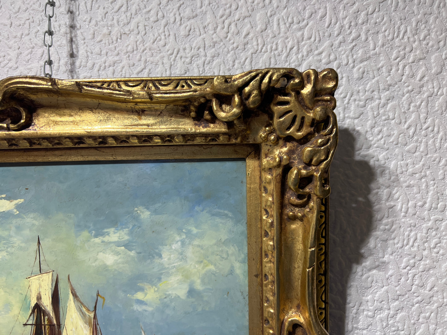 Antique Dutch School Oil Painting on Board, Seascape, Signed, Gold Frame