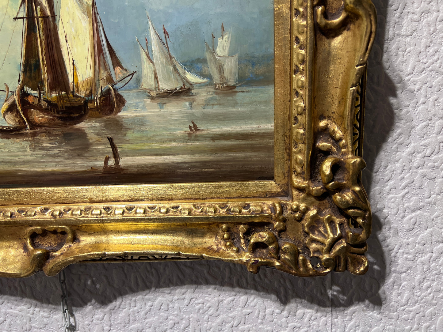 Antique Dutch School Oil Painting on Board, Seascape, Signed, Gold Frame