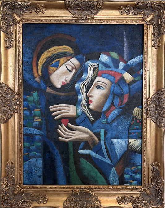 Original Cubist Oil Painting – Lovers with Heart – Signed Tylor – Gold Frame