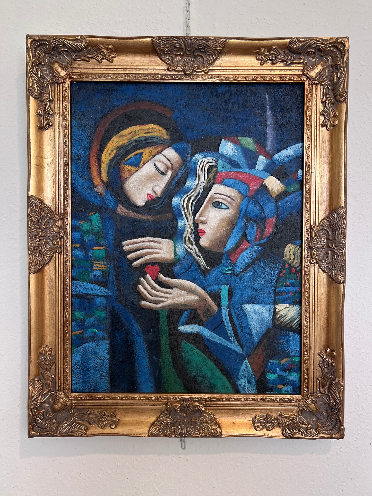 Original Cubist Oil Painting – Lovers with Heart – Signed Tylor – Gold Frame