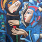 Original Cubist Oil Painting – Lovers with Heart – Signed Tylor – Gold Frame