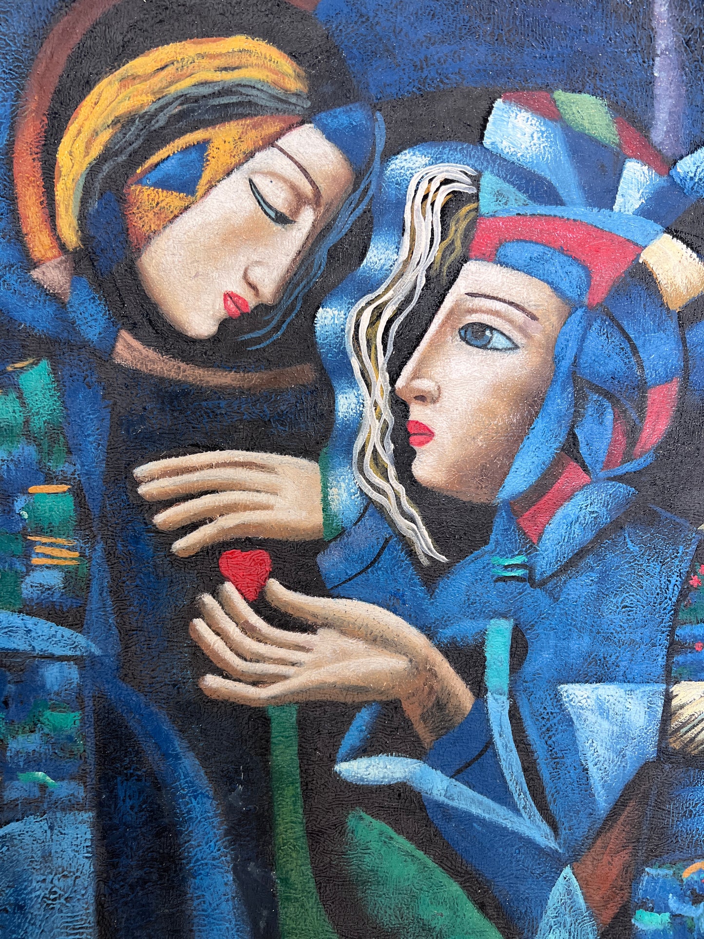 Original Cubist Oil Painting – Lovers with Heart – Signed Tylor – Gold Frame