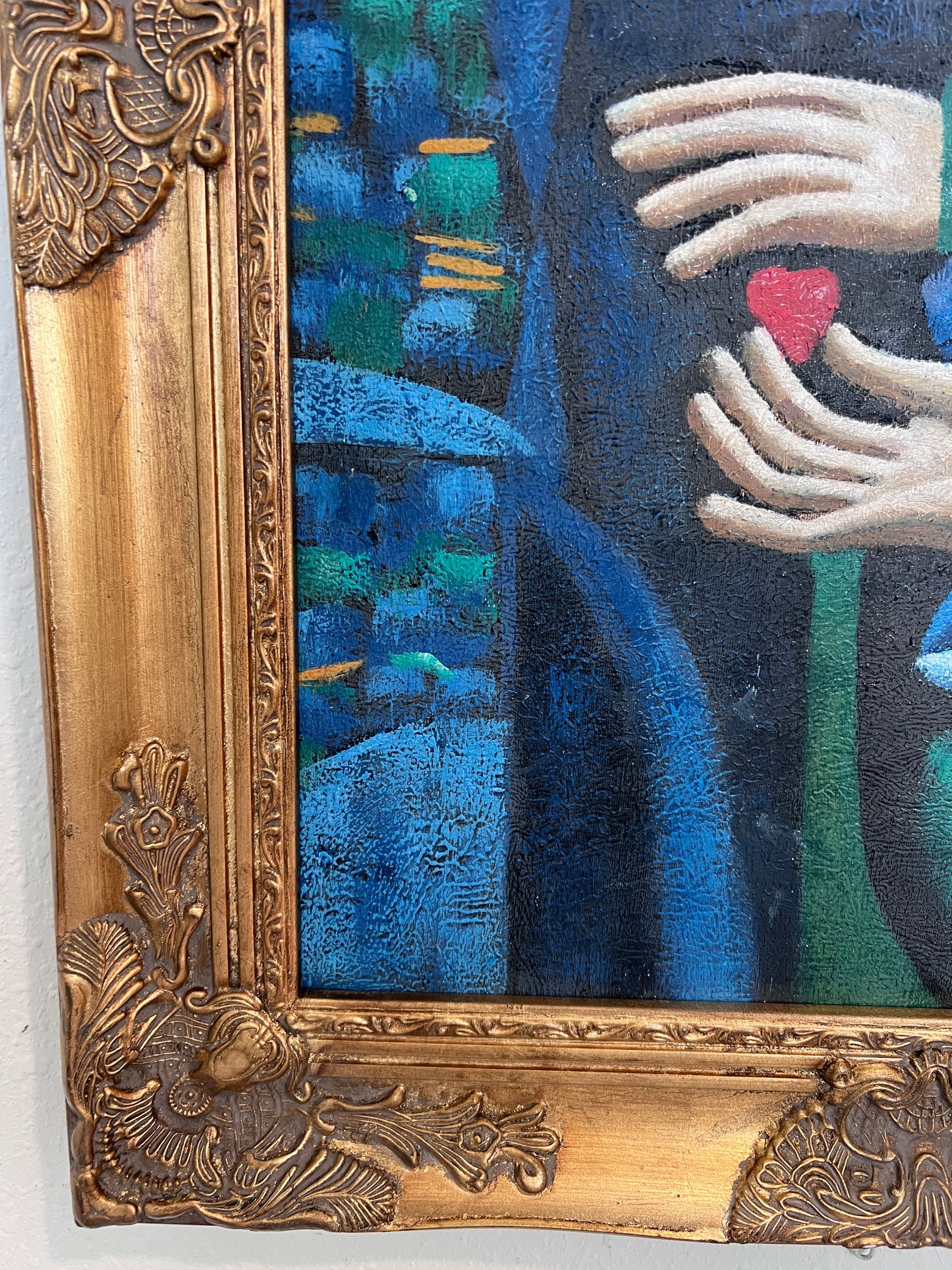 Original Cubist Oil Painting – Lovers with Heart – Signed Tylor – Gold Frame