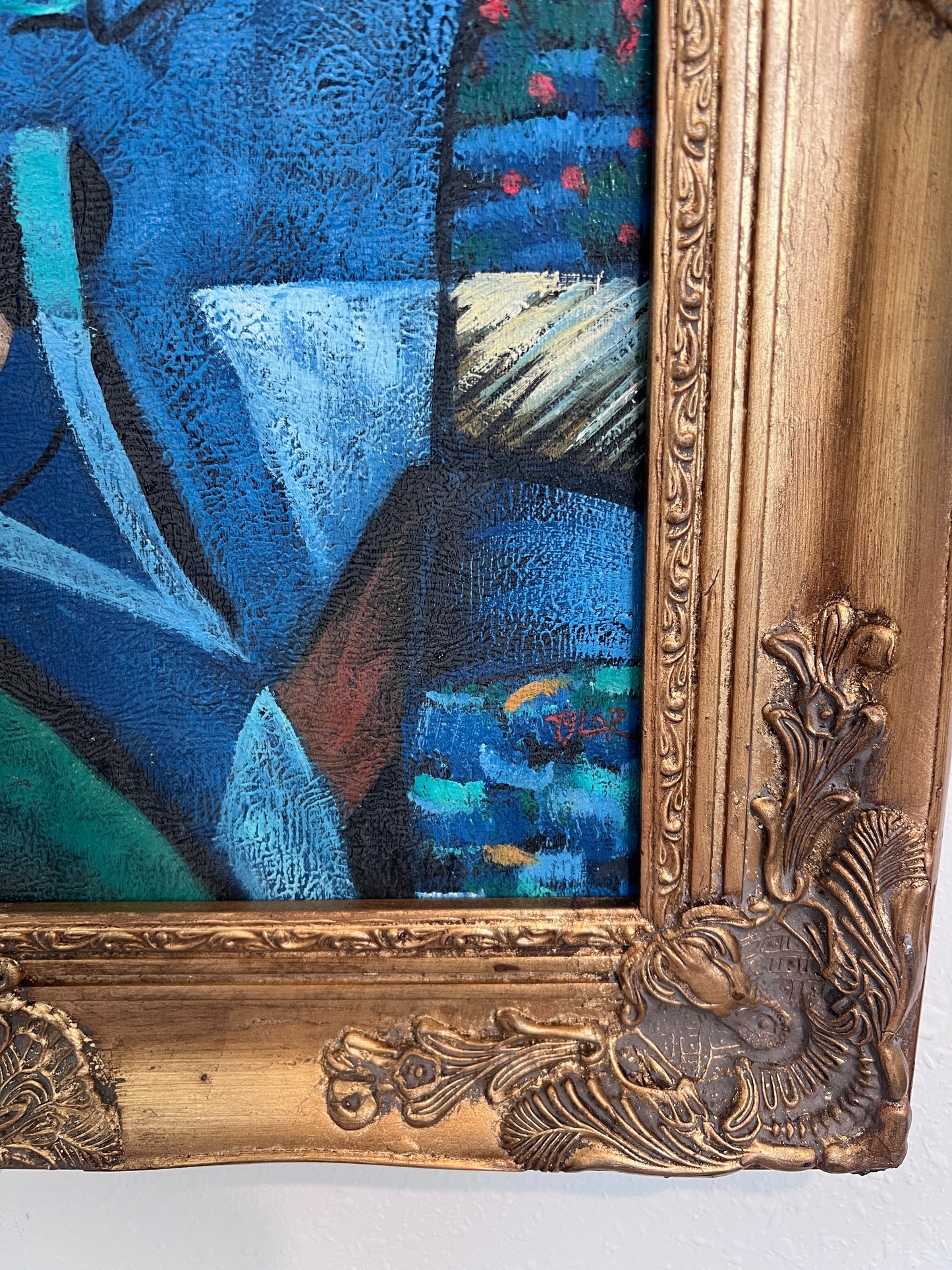 Original Cubist Oil Painting – Lovers with Heart – Signed Tylor – Gold Frame