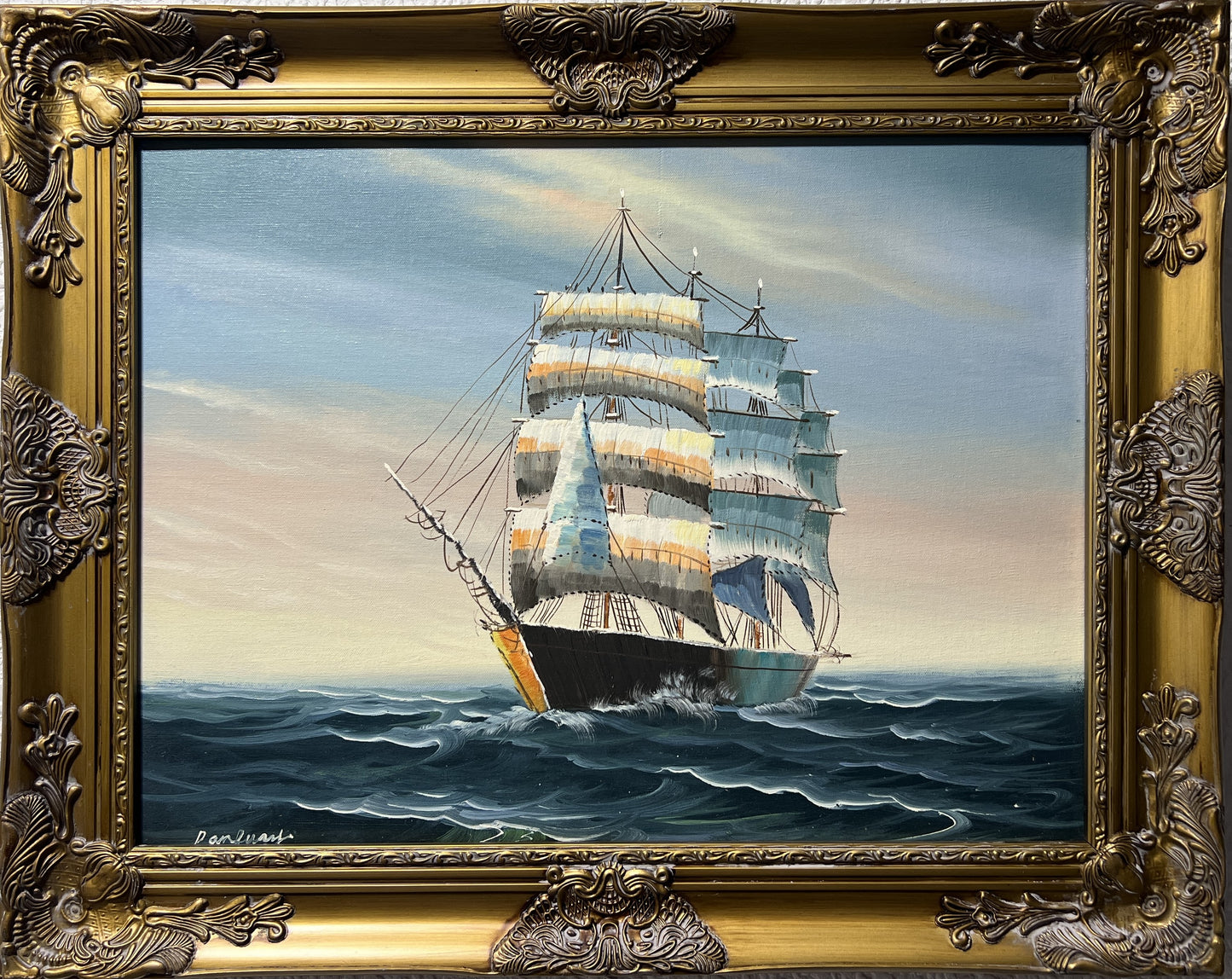 Original Oil painting on canvas, seascape, Sailing Ship, signed, Gold Frame