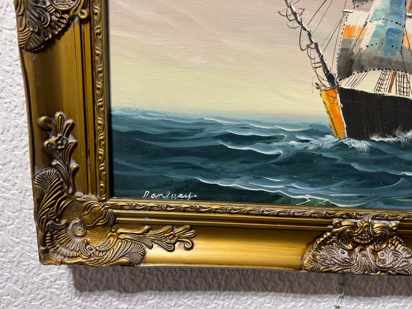 Original Oil painting on canvas, seascape, Sailing Ship, signed, Gold Frame