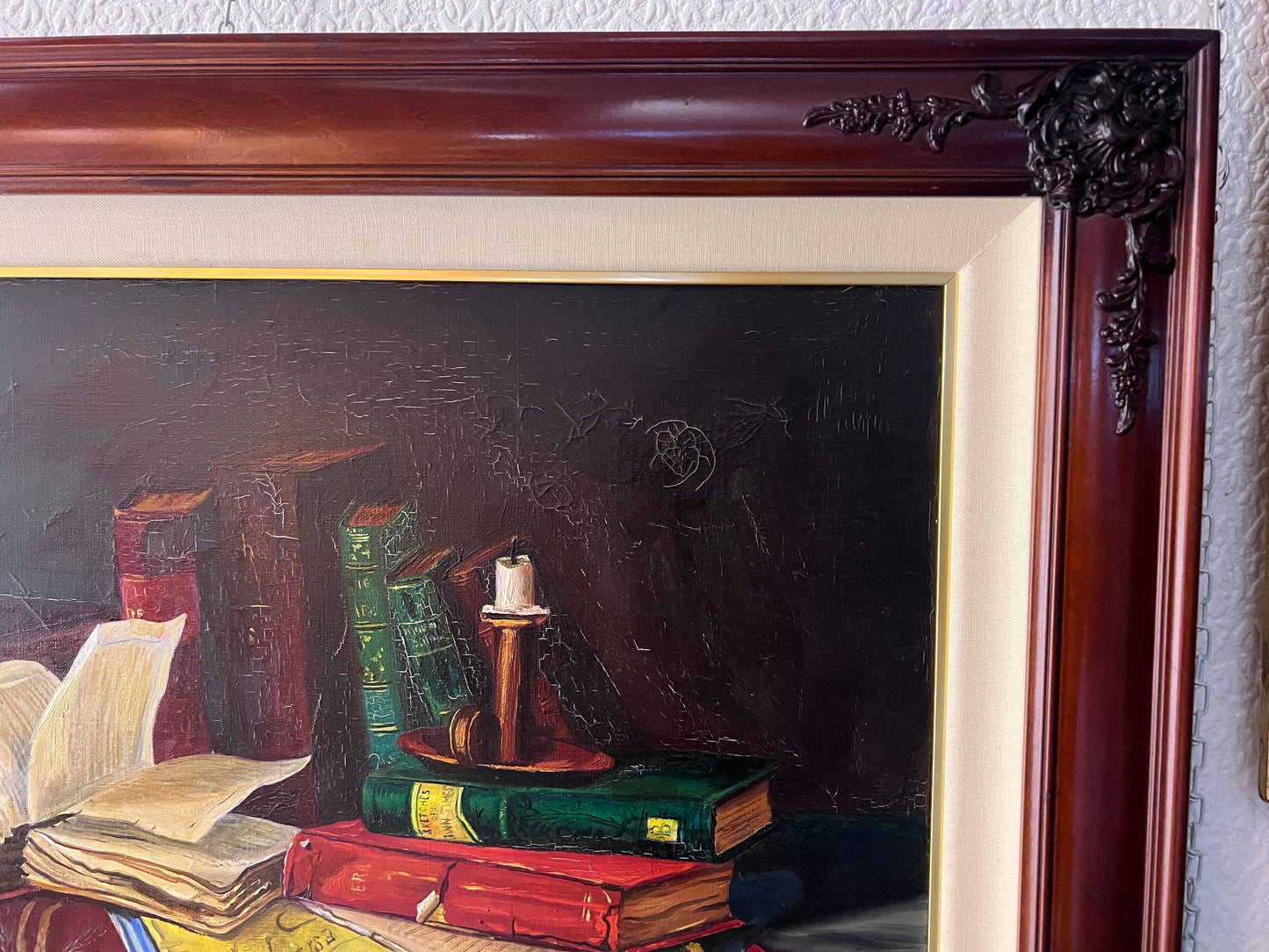 Antique Oil Painting on canvas Still Life, books, candle, Signed Azuquita Framed