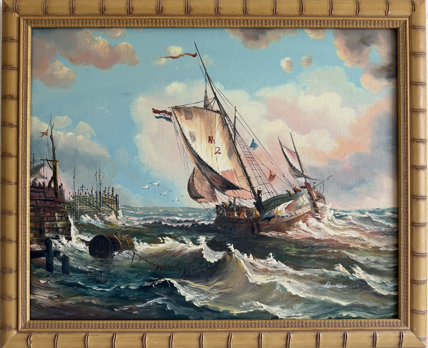 Original Signed Oil Painting Sailing Ship Rough Sea Maritime Seascape Framed