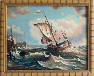Original Signed Oil Painting Sailing Ship Rough Sea Maritime Seascape Framed