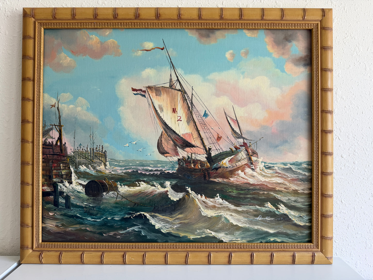 Original Signed Oil Painting Sailing Ship Rough Sea Maritime Seascape Framed