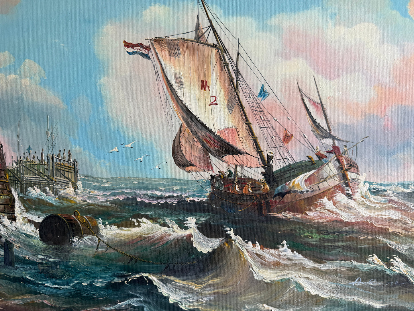 Original Signed Oil Painting Sailing Ship Rough Sea Maritime Seascape Framed