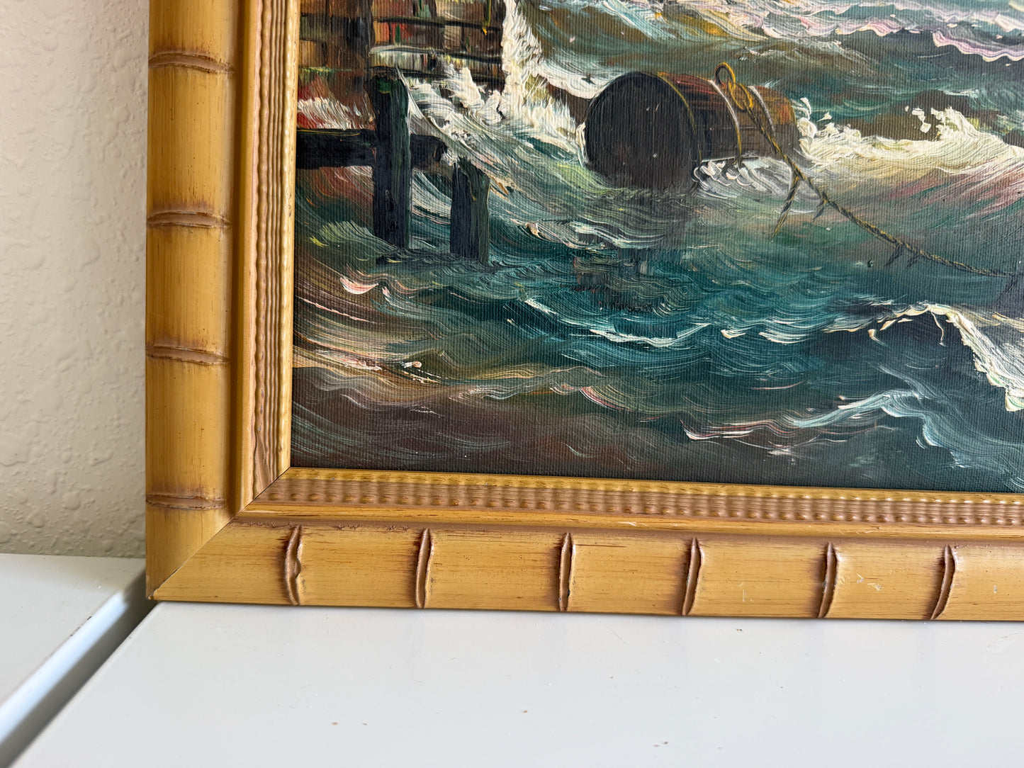 Original Signed Oil Painting Sailing Ship Rough Sea Maritime Seascape Framed