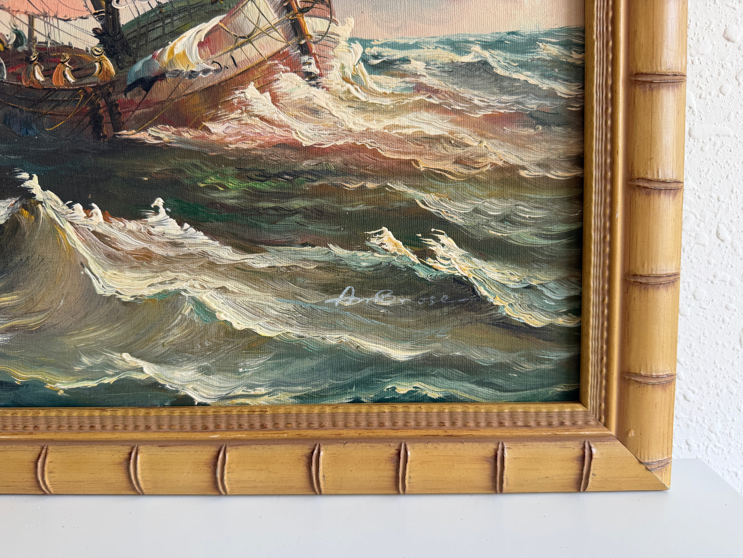 Original Signed Oil Painting Sailing Ship Rough Sea Maritime Seascape Framed