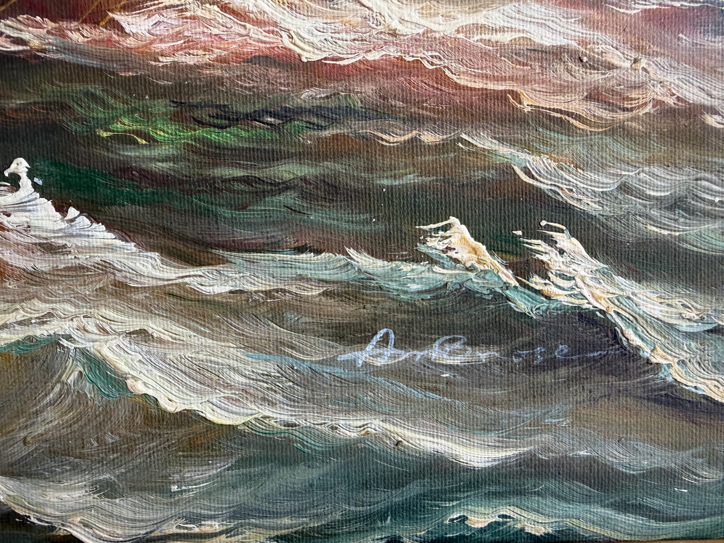 Original Signed Oil Painting Sailing Ship Rough Sea Maritime Seascape Framed
