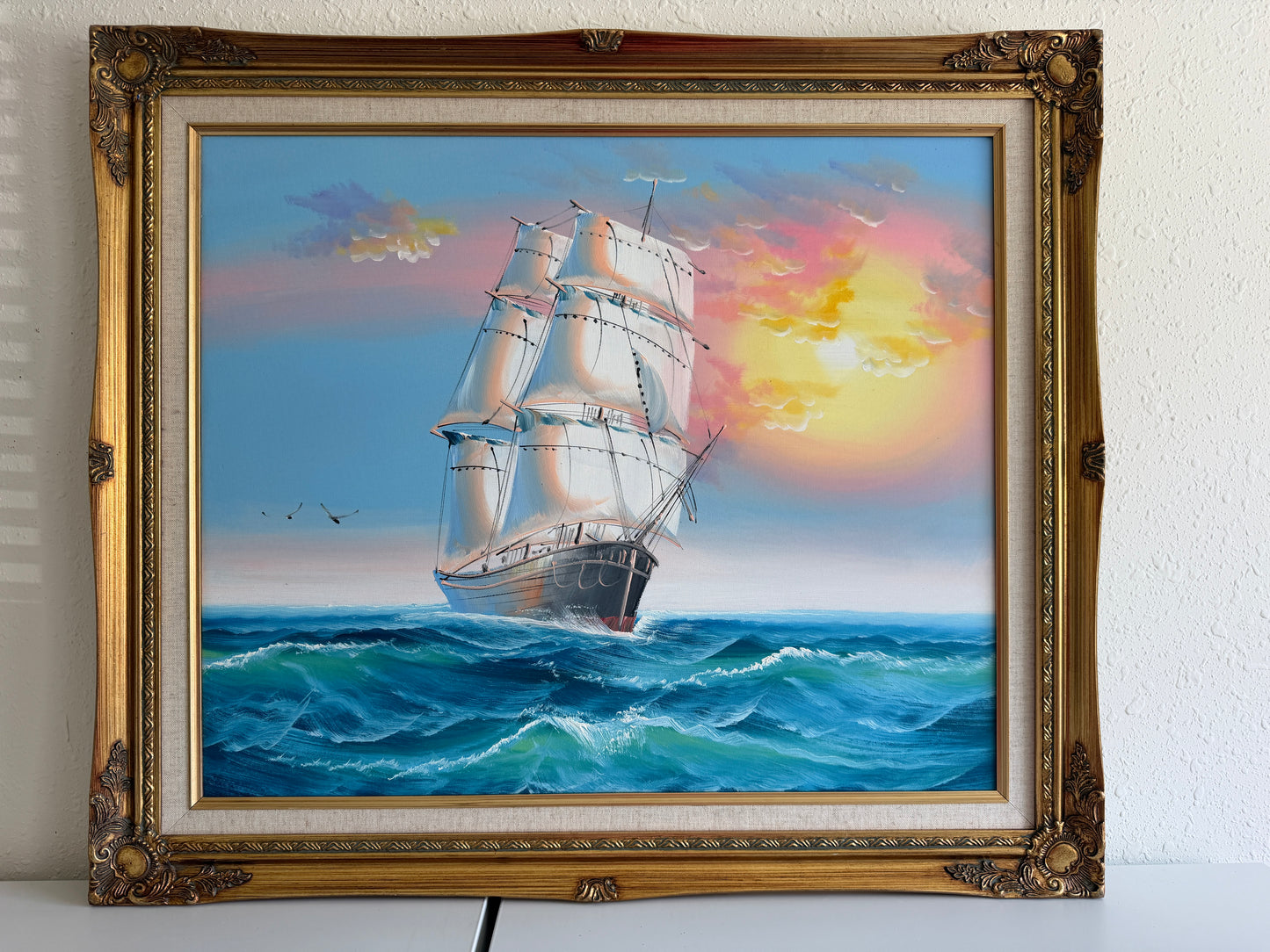 Original Marine Oil Painting Tall Ship on Open Sea Nautical Seascape Gold Frame
