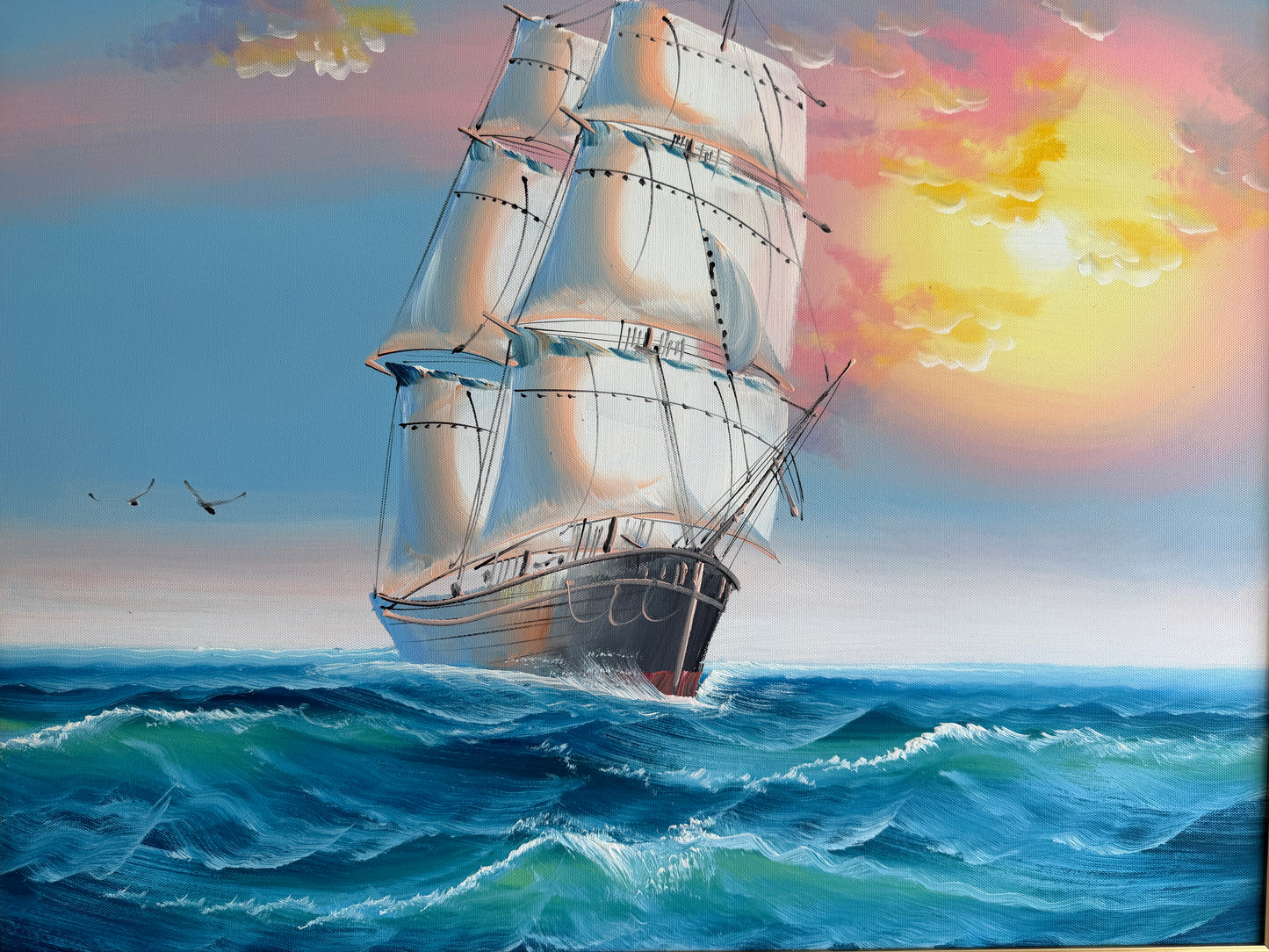 Original Marine Oil Painting Tall Ship on Open Sea Nautical Seascape Gold Frame