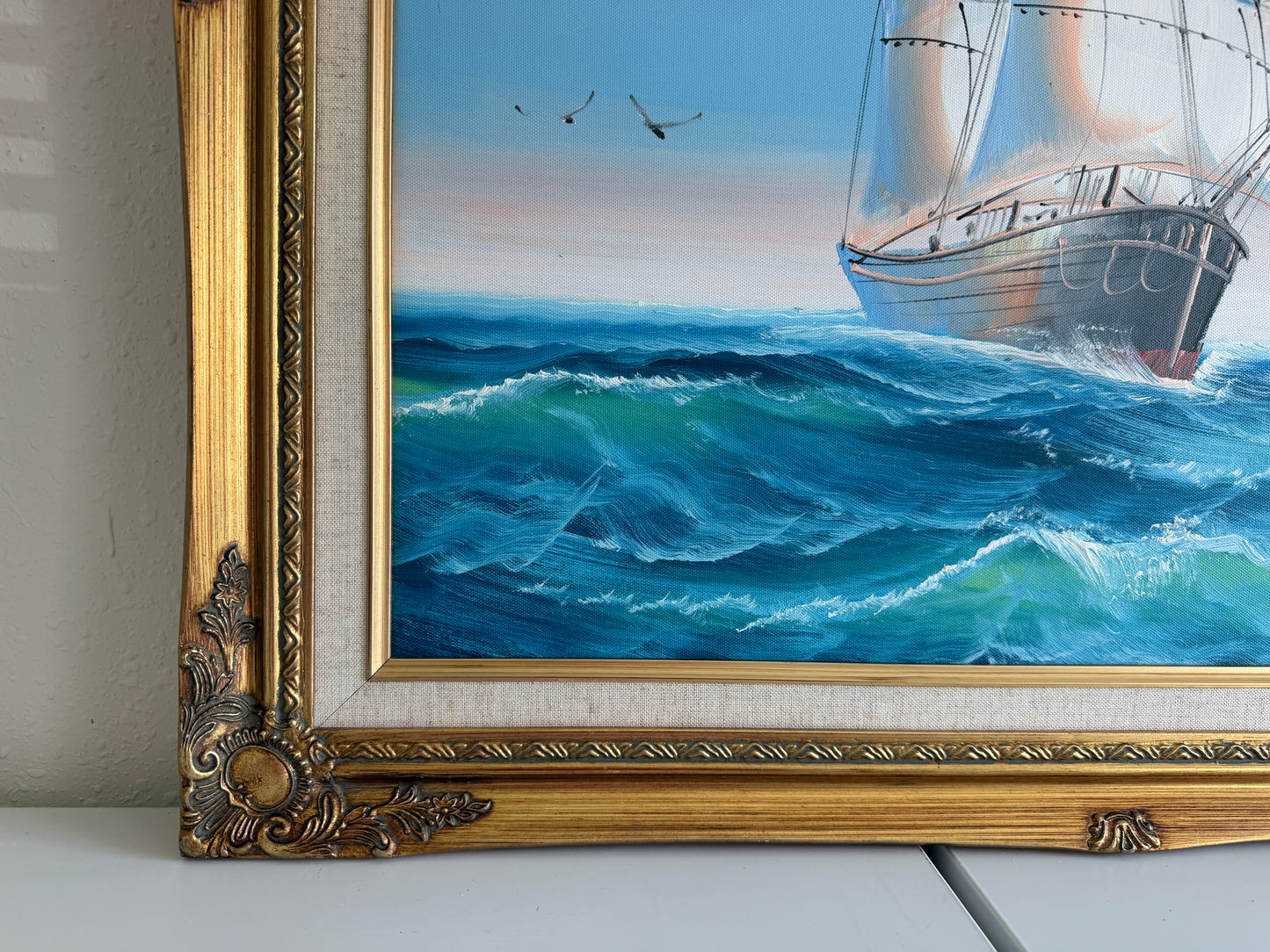 Original Marine Oil Painting Tall Ship on Open Sea Nautical Seascape Gold Frame