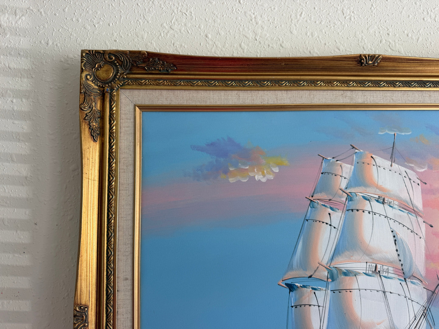 Original Marine Oil Painting Tall Ship on Open Sea Nautical Seascape Gold Frame