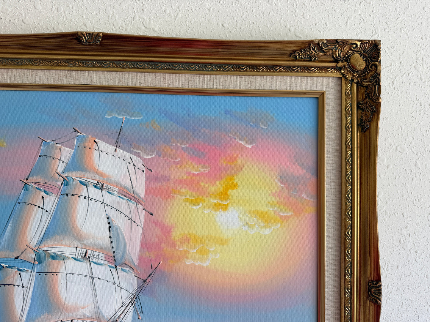 Original Marine Oil Painting Tall Ship on Open Sea Nautical Seascape Gold Frame