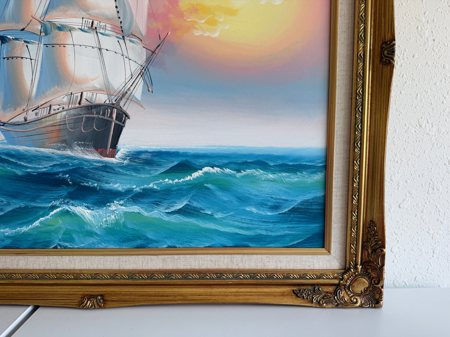 Original Marine Oil Painting Tall Ship on Open Sea Nautical Seascape Gold Frame