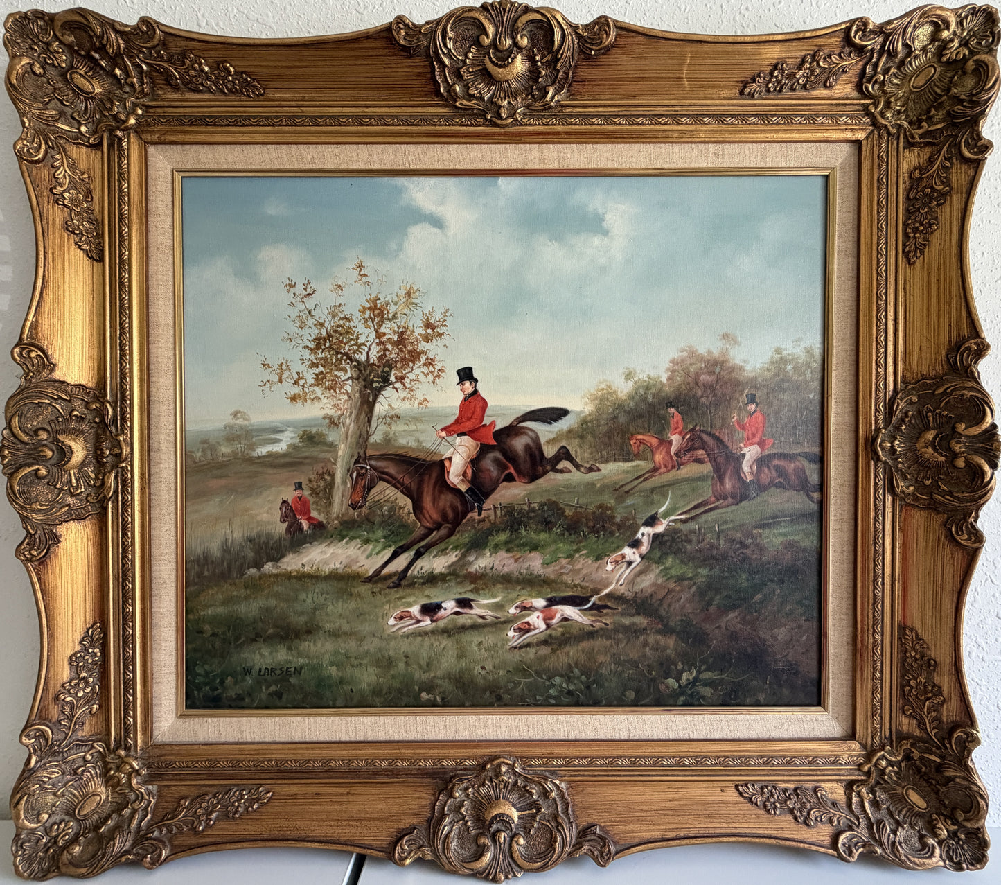 W. Larsen Original Fox Hunting Oil Painting English Hunt Horses Hounds Framed