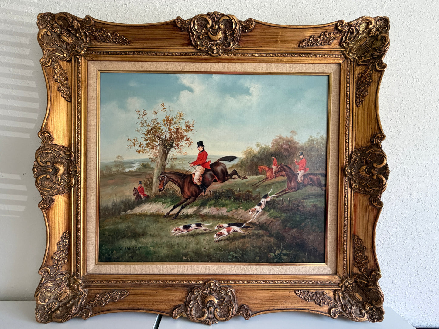 W. Larsen Original Fox Hunting Oil Painting English Hunt Horses Hounds Framed