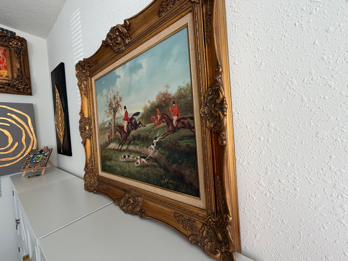 W. Larsen Original Fox Hunting Oil Painting English Hunt Horses Hounds Framed