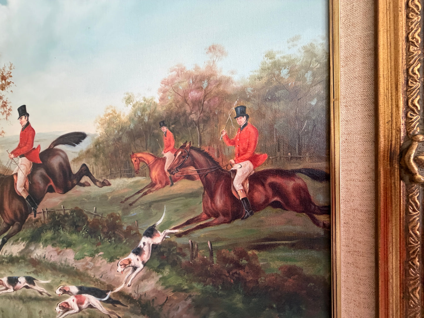 W. Larsen Original Fox Hunting Oil Painting English Hunt Horses Hounds Framed