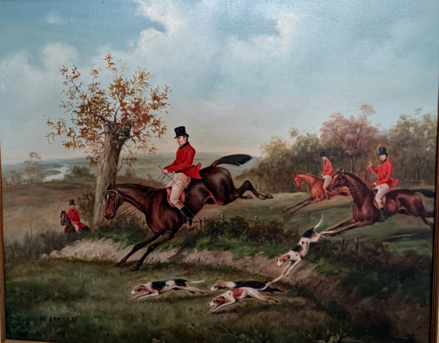W. Larsen Original Fox Hunting Oil Painting English Hunt Horses Hounds Framed