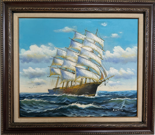 Original Signed Oil Painting Sailing Ship at Sea Maritime Seascape Framed