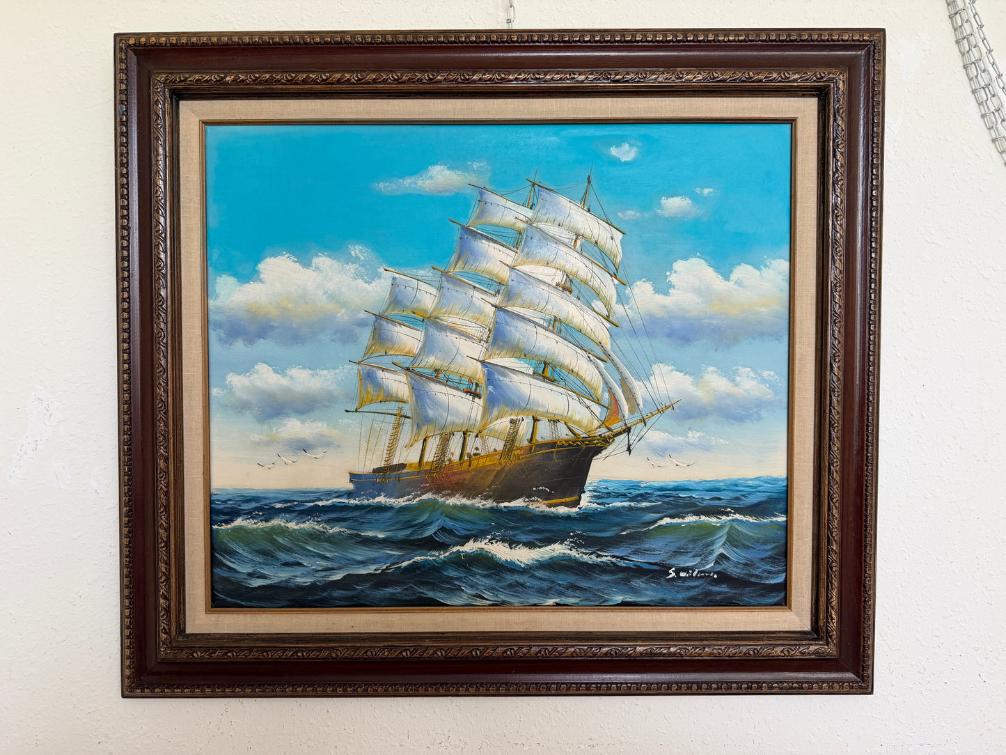Original Signed Oil Painting Sailing Ship at Sea Maritime Seascape Framed