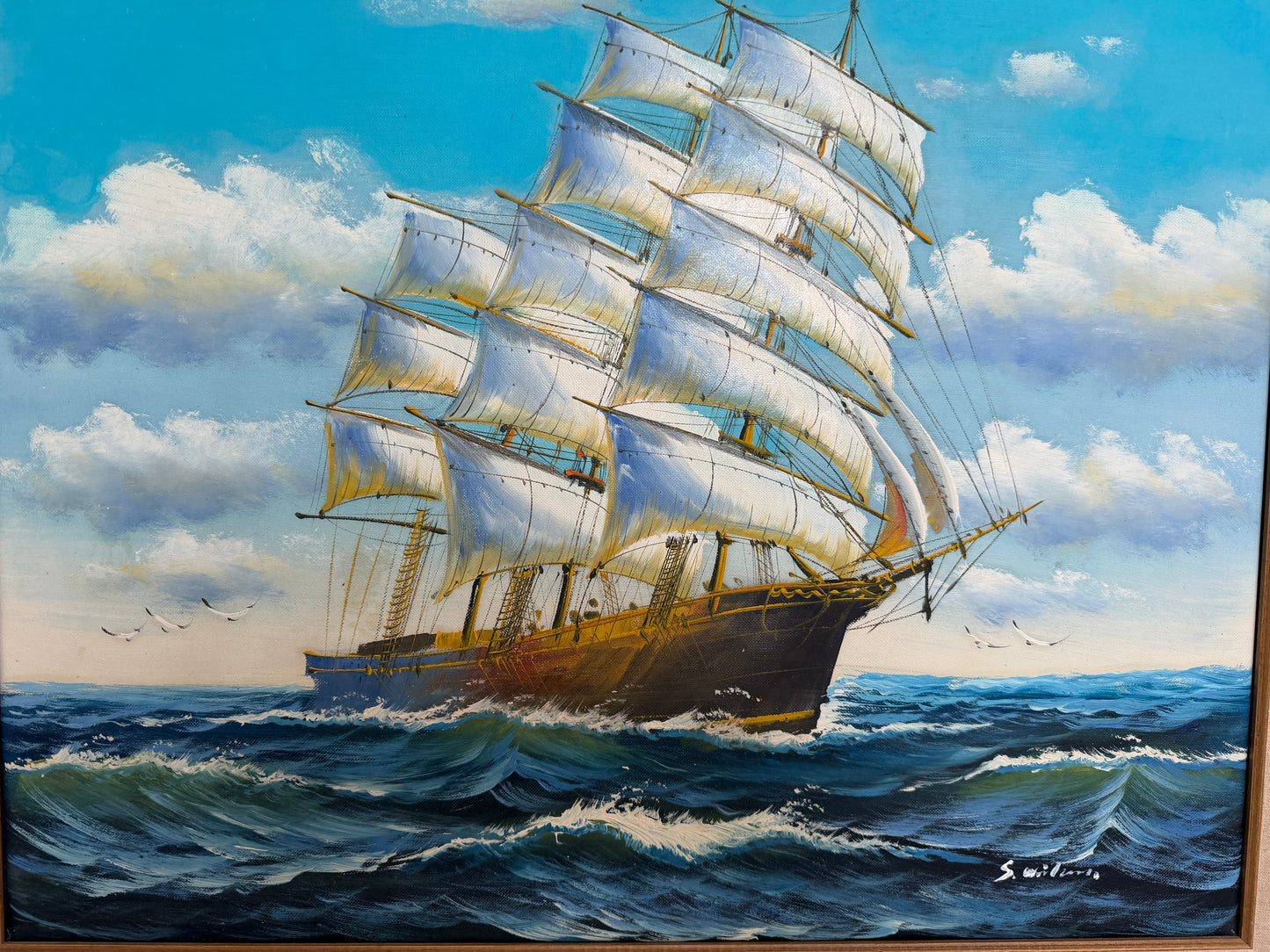 Original Signed Oil Painting Sailing Ship at Sea Maritime Seascape Framed