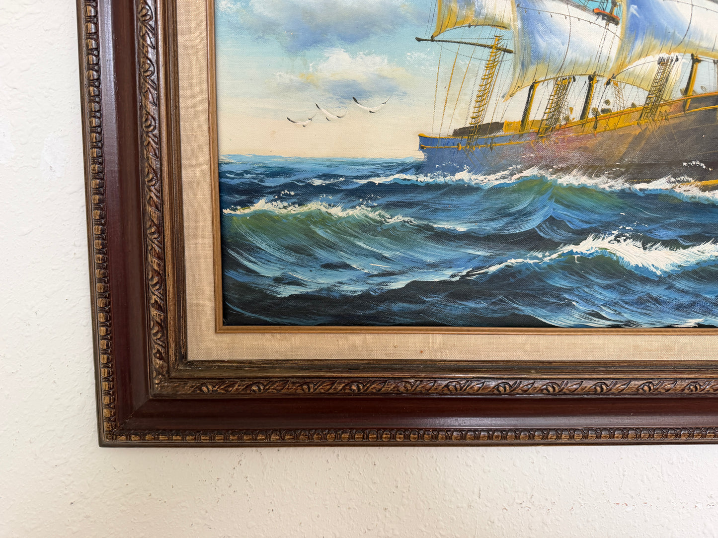 Original Signed Oil Painting Sailing Ship at Sea Maritime Seascape Framed