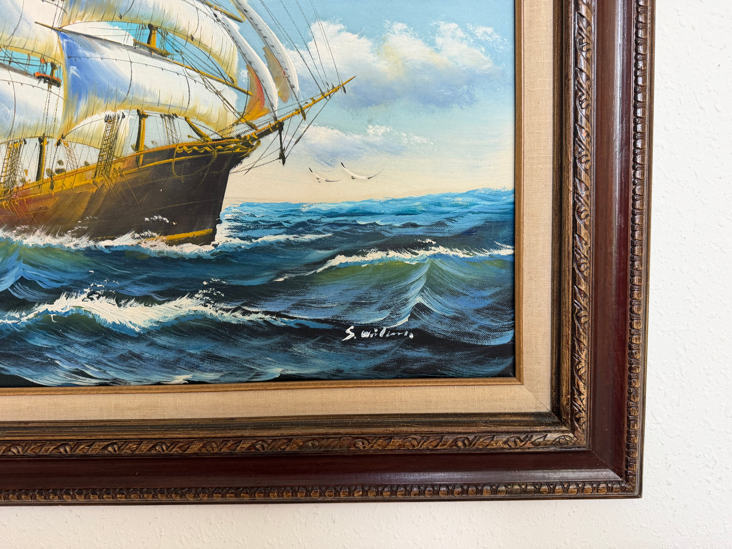 Original Signed Oil Painting Sailing Ship at Sea Maritime Seascape Framed