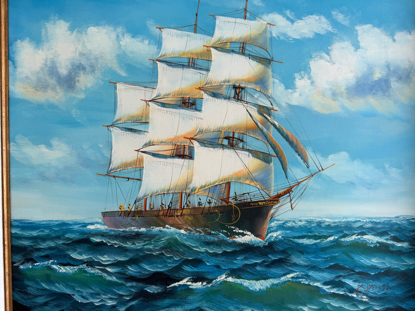 K. Dossi Original Sailing Ship Oil Painting, Nautical Seascape, Maritime Art