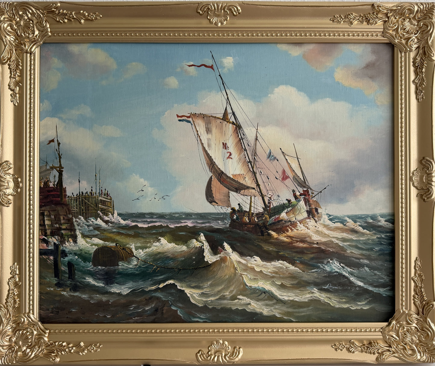 Signed Oil Painting on canvas Sailing Ship Rough Sea Maritime Seascape Framed