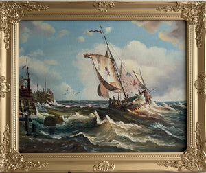 Signed Oil Painting on canvas Sailing Ship Rough Sea Maritime Seascape Framed
