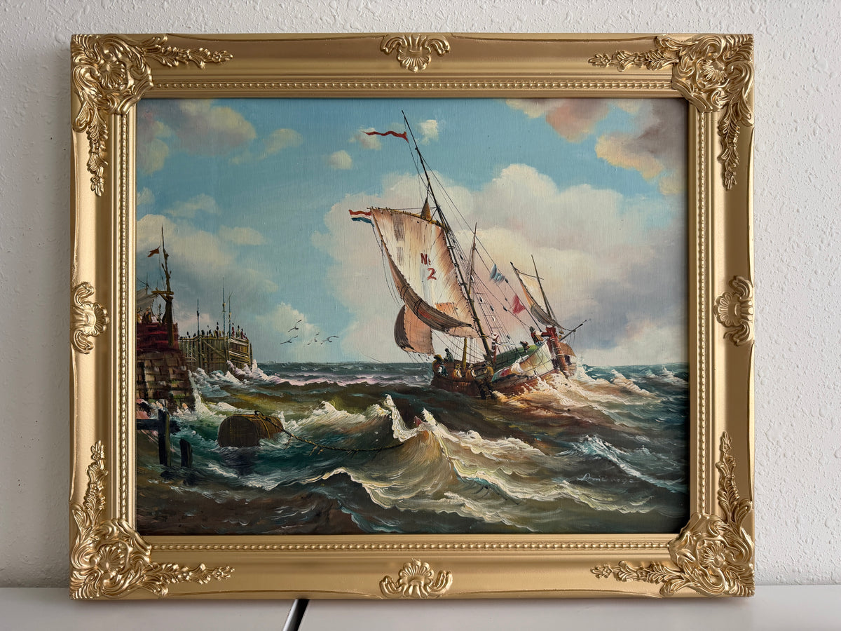 Signed Oil Painting on canvas Sailing Ship Rough Sea Maritime Seascape Framed