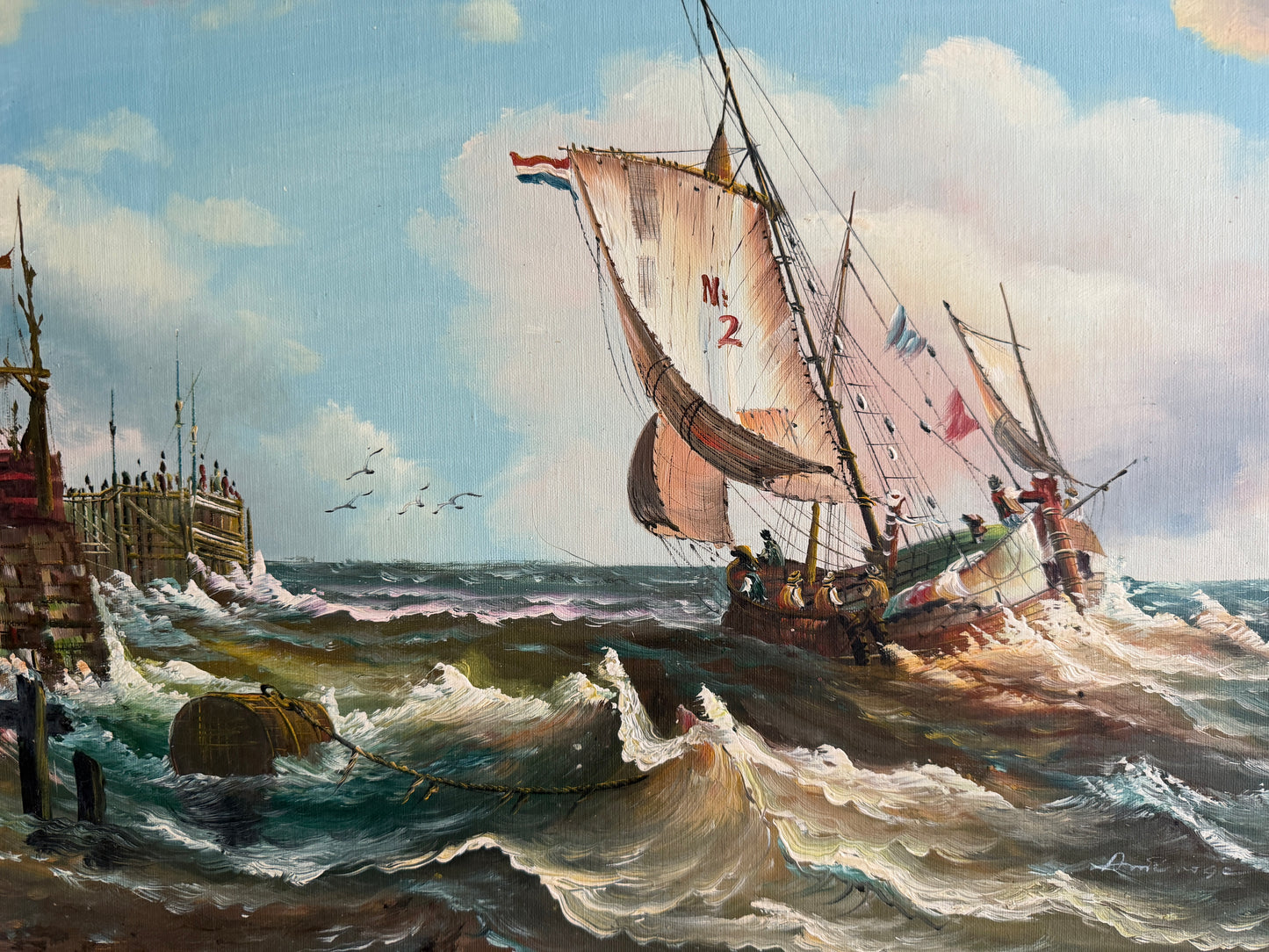 Signed Oil Painting on canvas Sailing Ship Rough Sea Maritime Seascape Framed