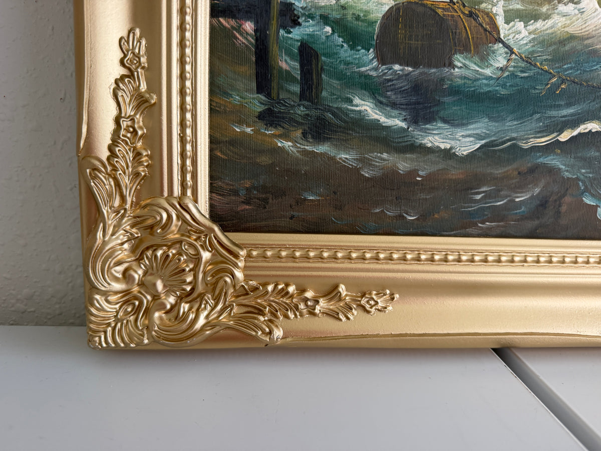 Signed Oil Painting on canvas Sailing Ship Rough Sea Maritime Seascape Framed