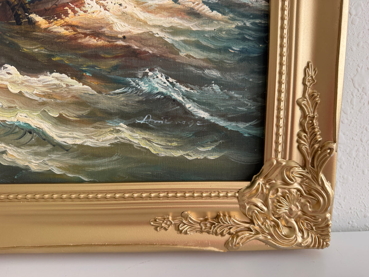 Signed Oil Painting on canvas Sailing Ship Rough Sea Maritime Seascape Framed