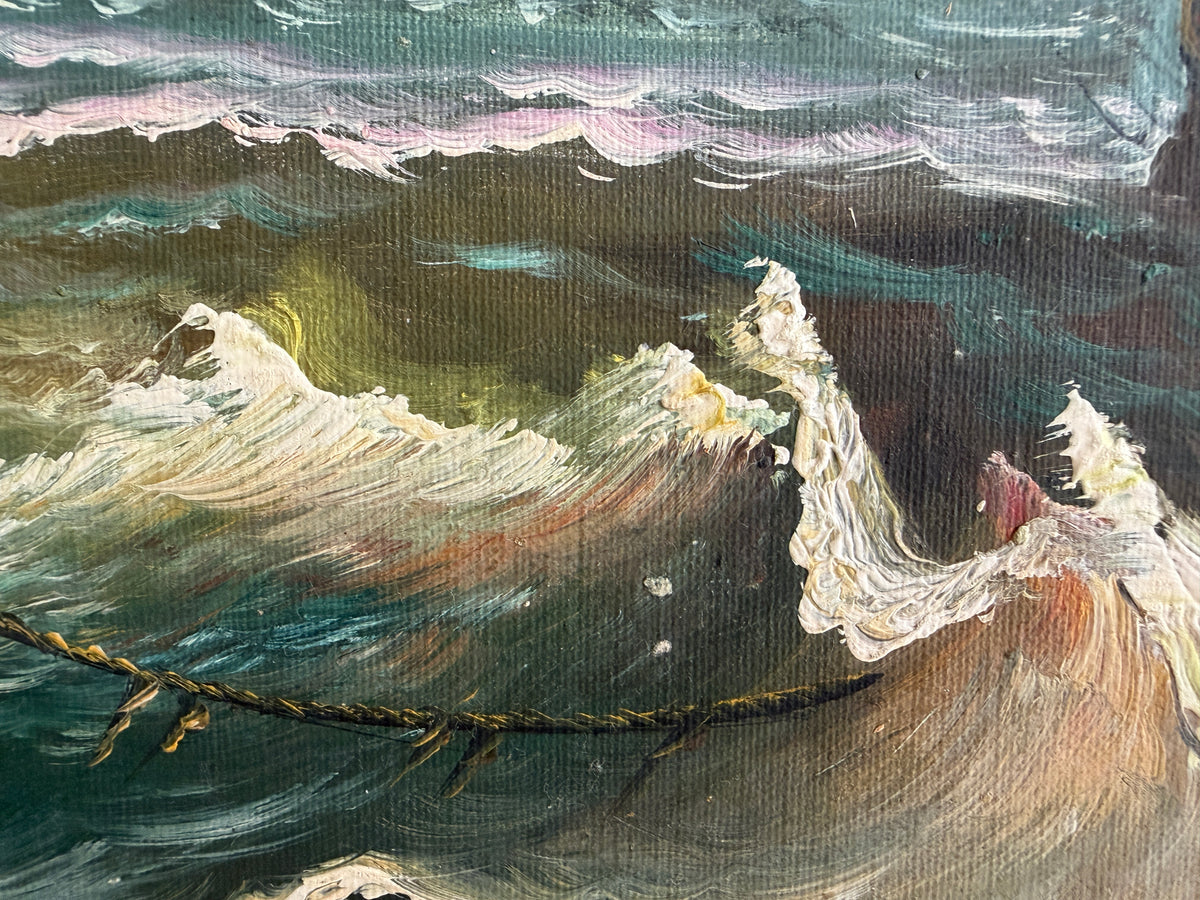 Signed Oil Painting on canvas Sailing Ship Rough Sea Maritime Seascape Framed