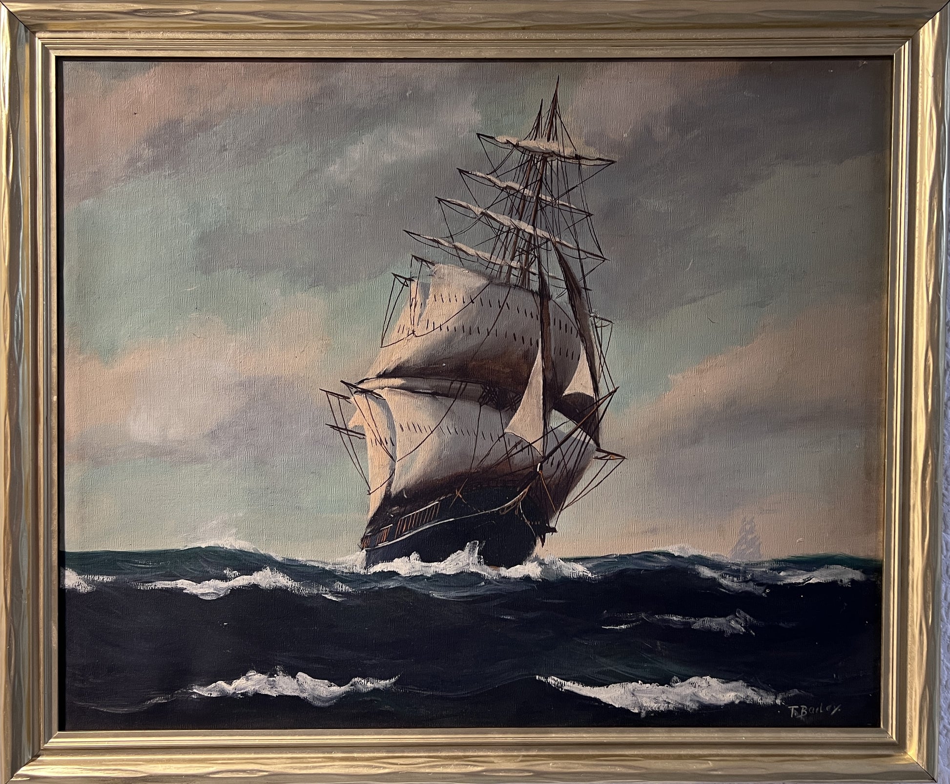 Large Antique T. BAILEY Original Oil Painting on canvas, Seascape, Framed