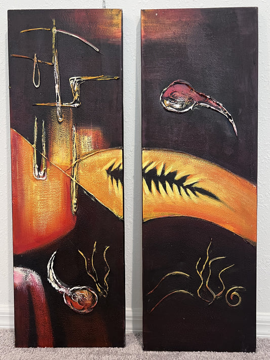 Set of 2 Textured Abstract Paintings Modern Contemporary Wall Art Decor Red Gold